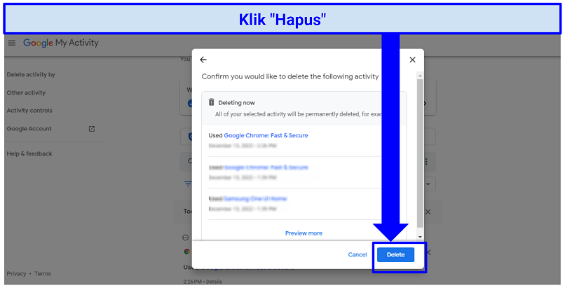 A screenshot of step 6 of deleting your Google account history