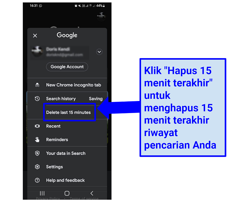A screenshot of how to quickly delete the last 15 minutes of your search
