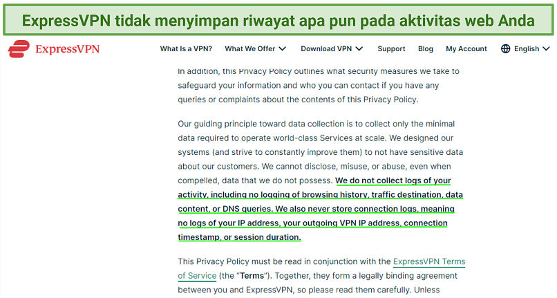 A screenshot of ExpressVPN's no logs policy showing no logs of your activity are stored.
