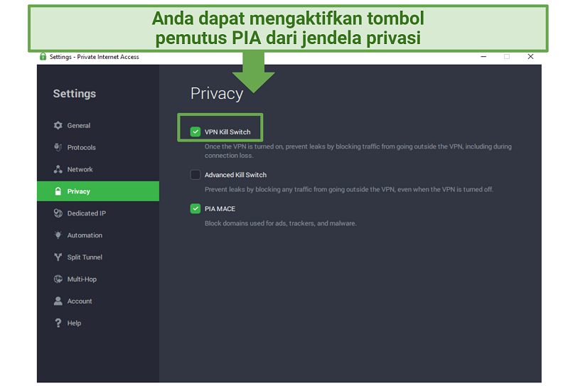 A screenshot of PIA showing how to activate the VPN kill switch.