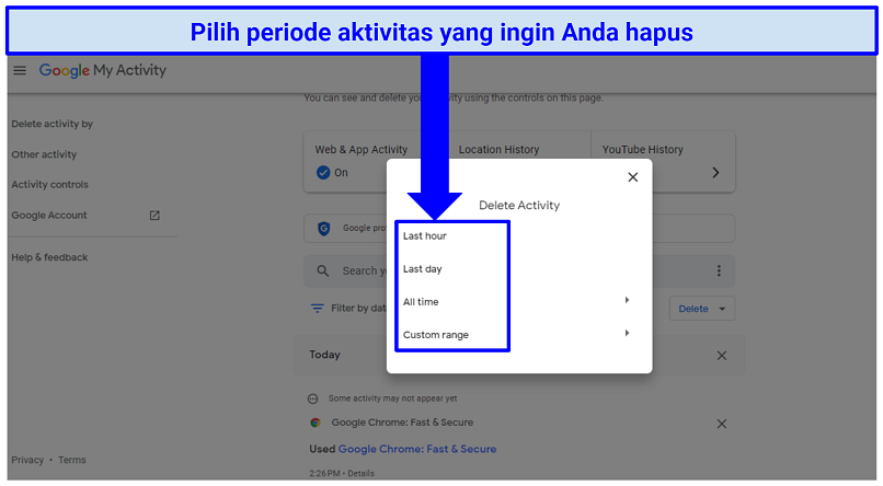 A screenshot of step 4 of deleting your Google account history