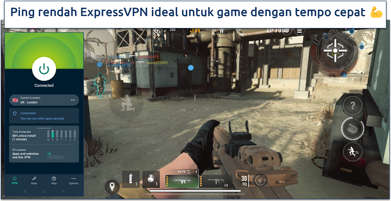 Tangkapan layar sesi game CODM dengan ExpressVPN terhubung