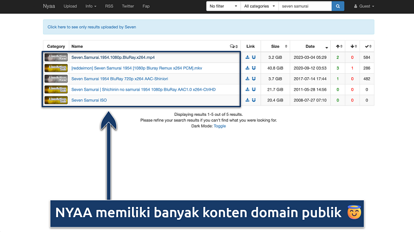 Screenshot of the NYAA search results page
