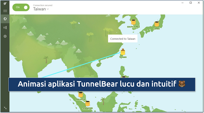 Screenshot of TunnelBear connected to Taiwan server