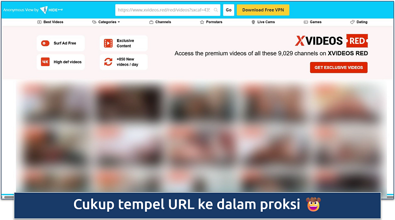 Screenshot of XVideos loaded via the hide.me web proxy