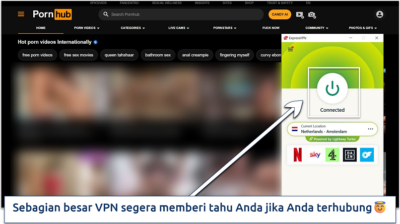 Screenshot of Pornhub website homepage with an active ExpressVPN connection to the Netherlands - Amsterdam server